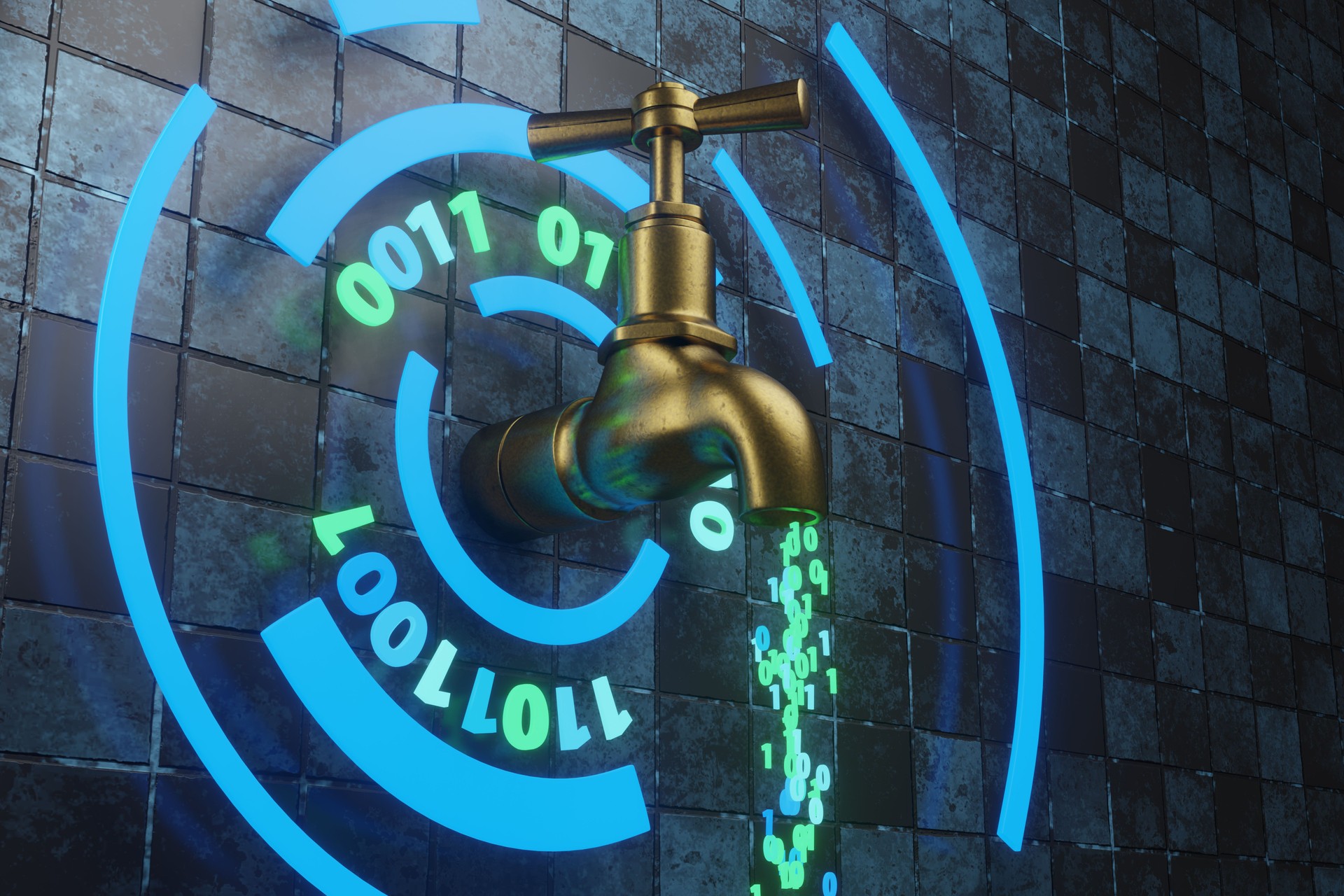Water tap flowing a stream of binary code. Illustration of the concept of the Internet broadband bandwidth, data transfer and data leakage